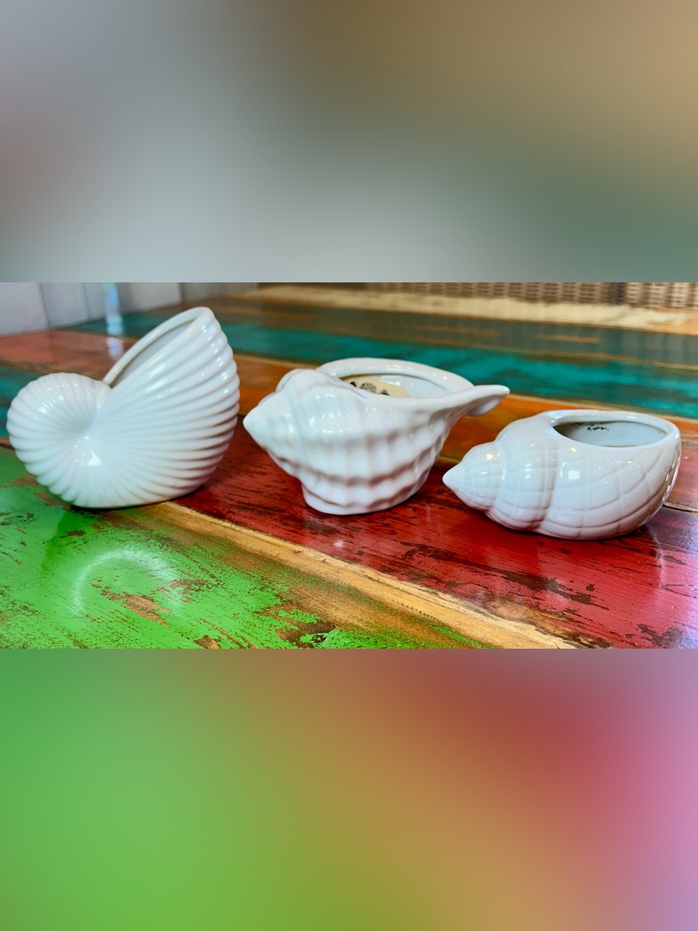 Vintage Pier 1 White Ceramic Seashell Planter Trio Set of 3 Conch Nautilus - Picture 3 of 13